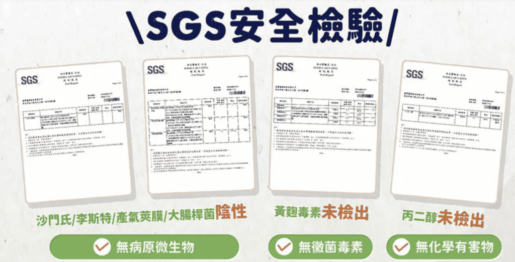 倍力飼料的SGS安全檢驗報告顯示，產品無病原微生物、無黴菌毒素且無化學有害物，證明其品質安全。
