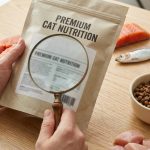 貓飼料成分深度分析封面 — 飼主檢視貓飼料成分表與新鮮鮭魚雞肉示意
