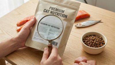 貓飼料成分深度分析封面 — 飼主檢視貓飼料成分表與新鮮鮭魚雞肉示意