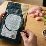 狗飼料成分深度分析封面 — 飼主拿著飼料包檢視成分表示意圖