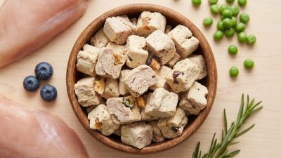 狗凍乾鮮糧完整解析封面 — 木碗盛裝凍乾鮮糧塊與新鮮原料示意
