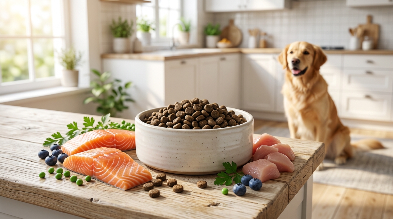清爽的陶瓷碗裝著優質狗飼料，搭配新鮮鮭魚與雞肉食材