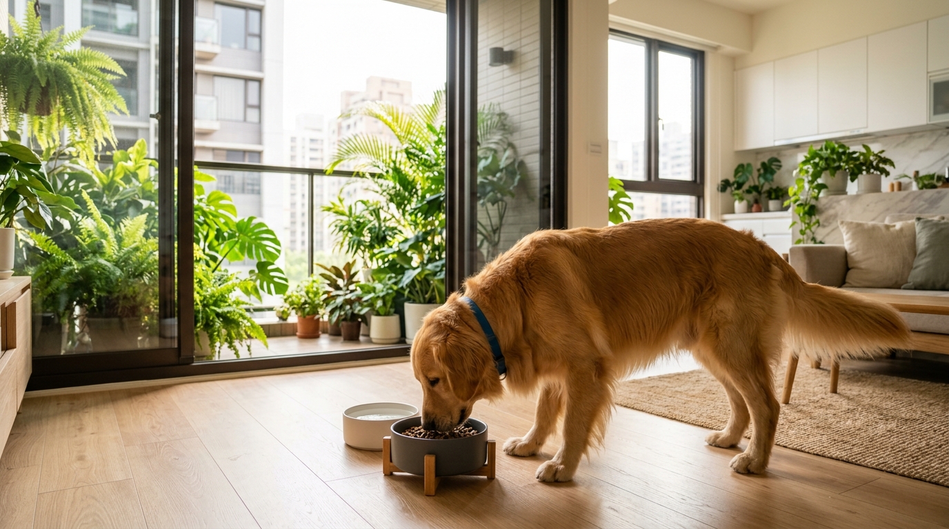 黃金獵犬在採光良好的居家環境中開心享用在地配方飼料