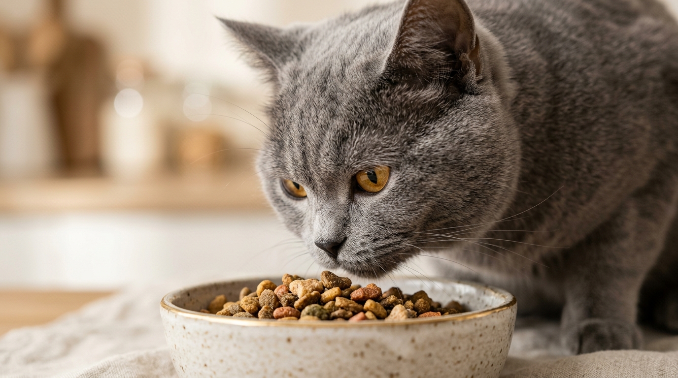 一隻貓咪正湊近聞著碗裡的乾飼料，展現嗅覺對食慾的影響