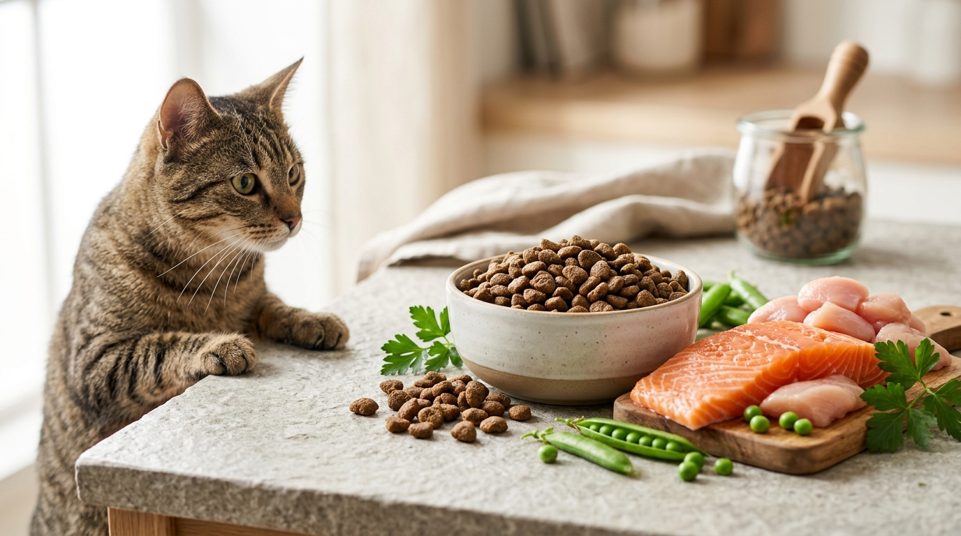 多種新鮮食材與精緻貓飼料擺放於質感檯面的特寫