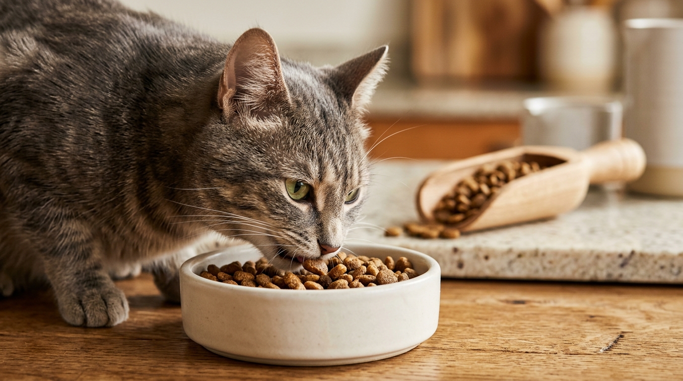 一隻可愛的貓咪正滿足地享用碗中美味的乾飼料