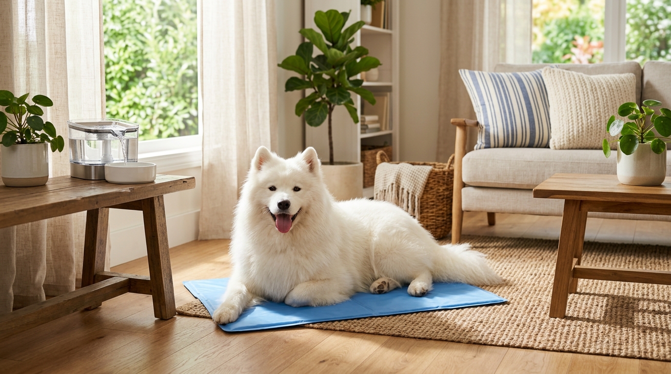 薩摩耶犬在涼墊上休息，享受舒適的居家避暑環境