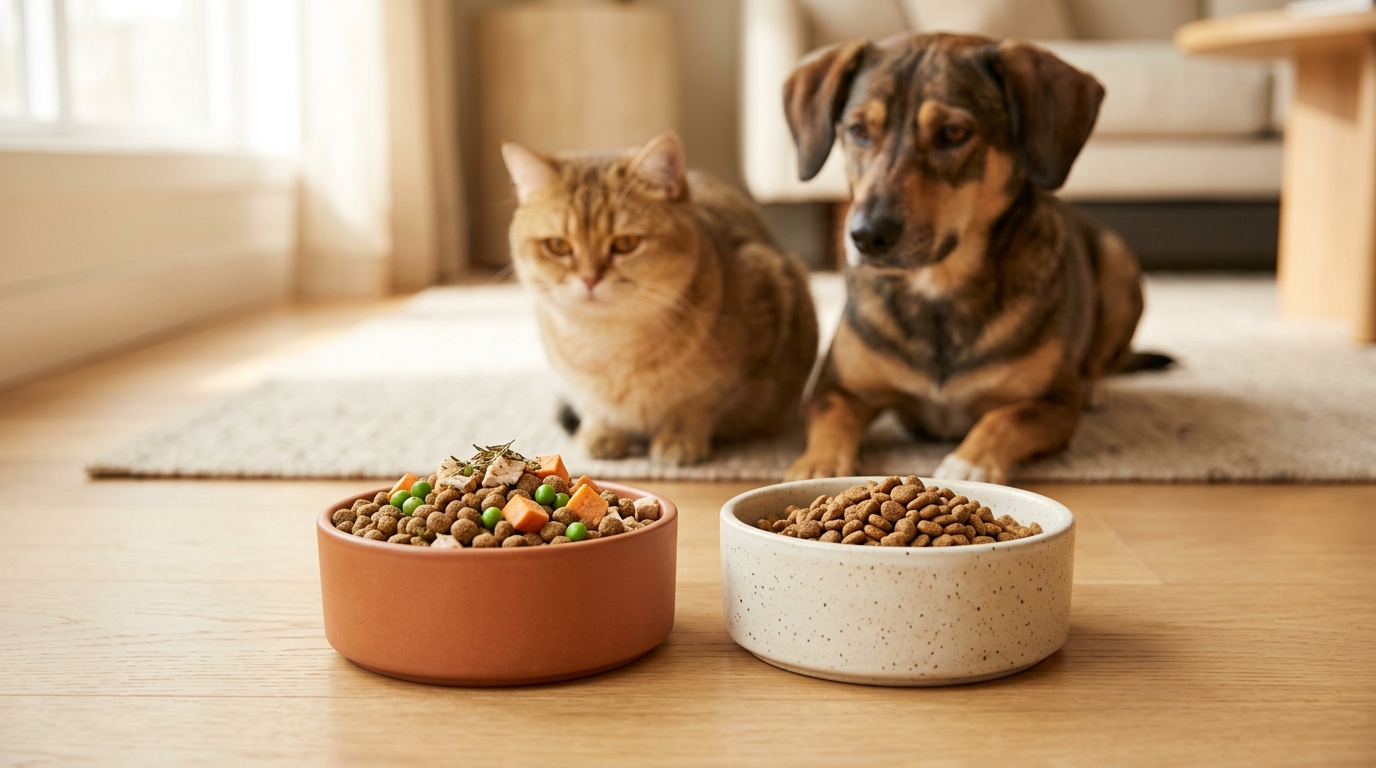 木質調桌面上的貓狗飼料與天然食材，呈現低碳水營養配方