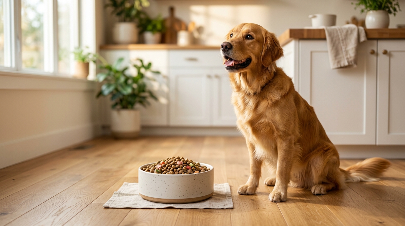 一隻黃金獵犬乖巧地坐在碗旁，準備享用量身打造的飼料。