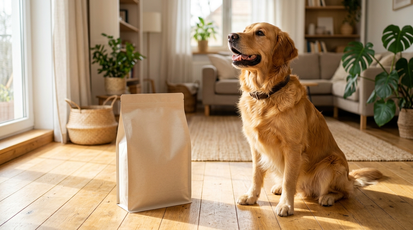 溫馨居家環境中，黃金獵犬與優質飼料袋的合影