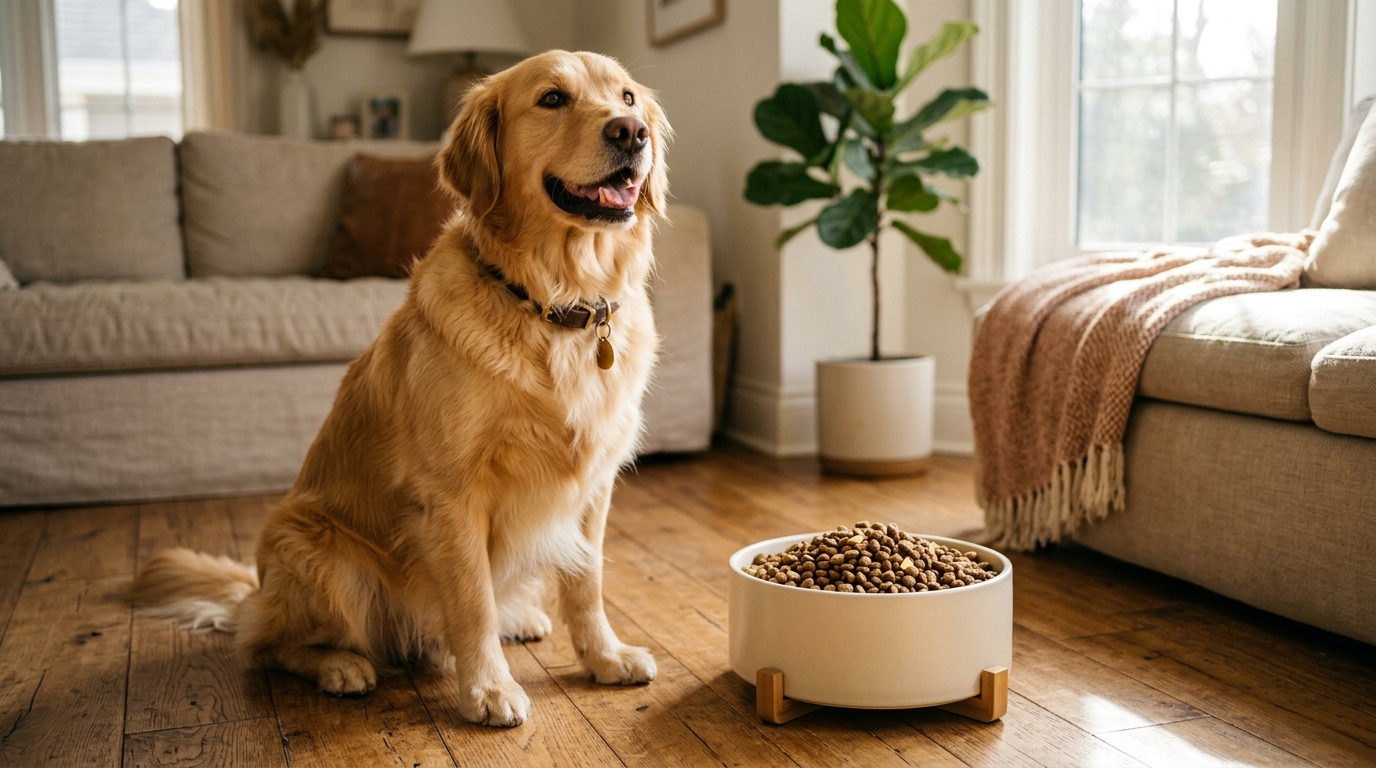陽光下健康快樂的黃金獵犬，展現對寵物食品的信任與守護