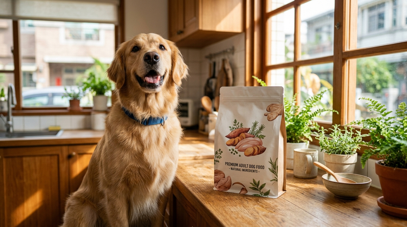 溫馨的台灣居家廚房中，一隻黃金獵犬坐在精緻的國產飼料包裝旁，充滿溫暖的生活質感