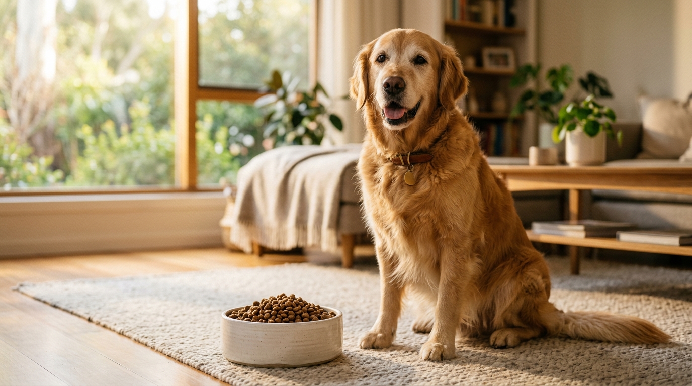 陽光灑落的客廳裡,一隻健康快樂的高齡黃金獵犬坐在飼料碗旁 陽光灑落的客廳裡,一隻健康快樂的高齡黃金獵犬坐在飼料碗旁