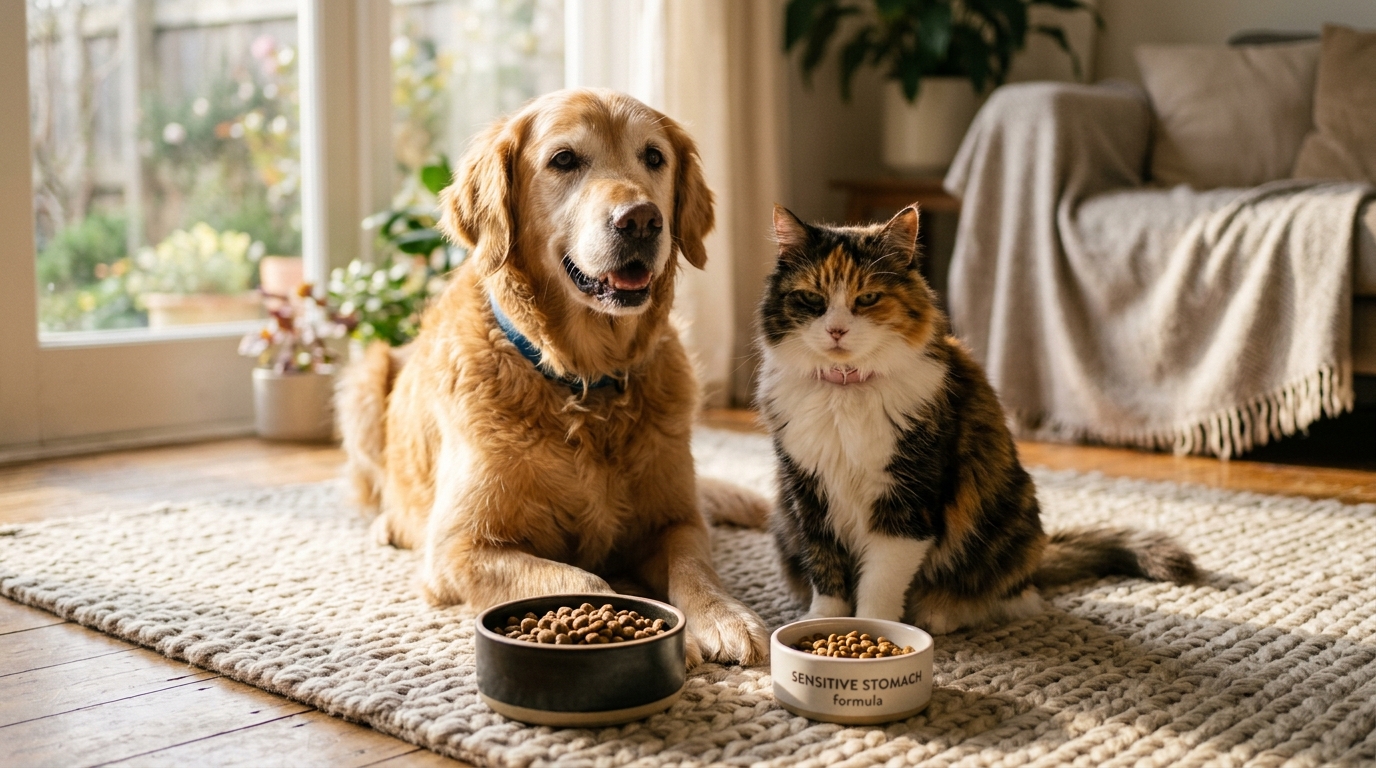 溫馨客廳中陪伴在特製營養飼料旁的熟齡貓狗 溫馨客廳中陪伴在特製營養飼料旁的熟齡貓狗