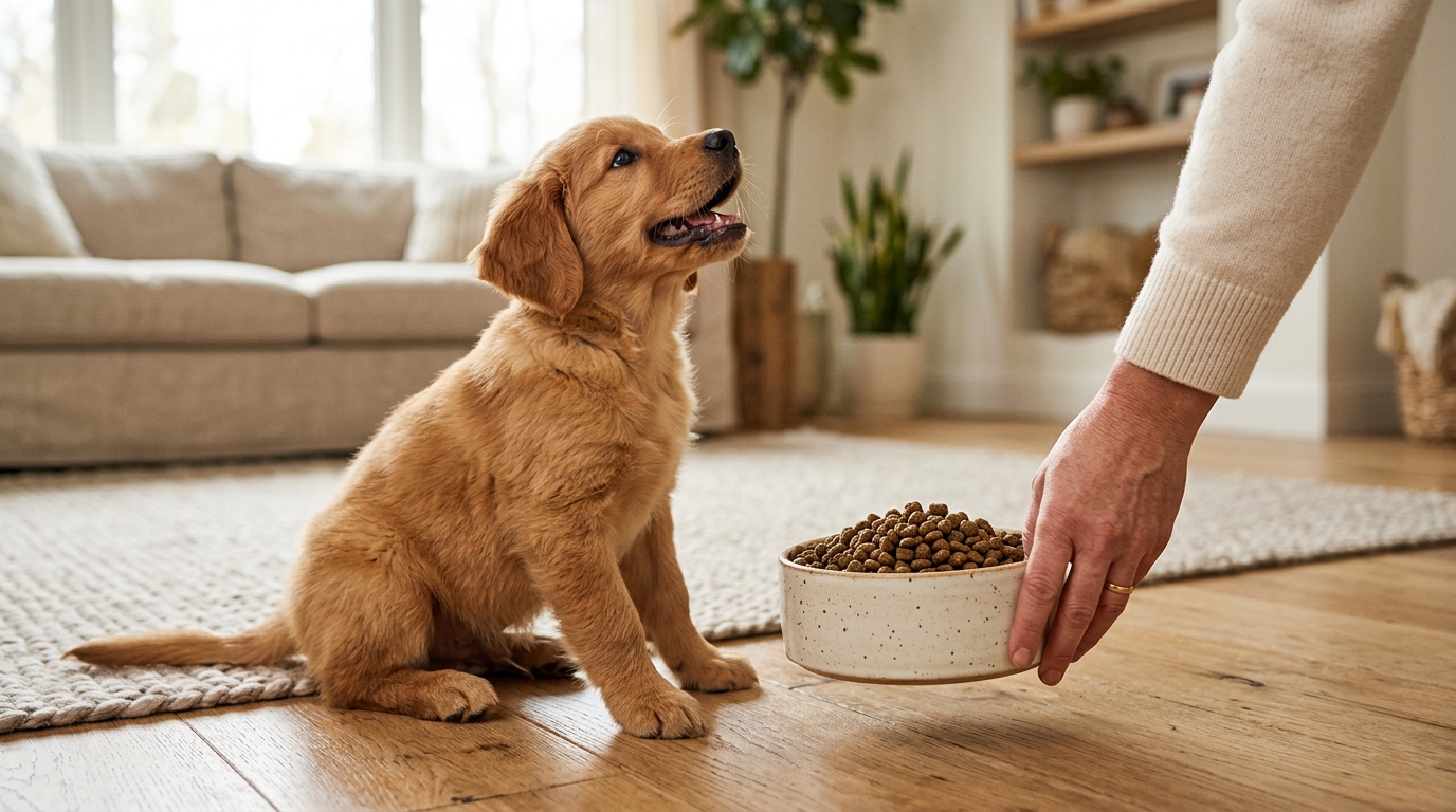 可愛幼犬期待地看著飼料碗,呈現依成長需求調配的溫馨推薦。 可愛幼犬期待地看著飼料碗,呈現依成長需求調配的溫馨推薦。