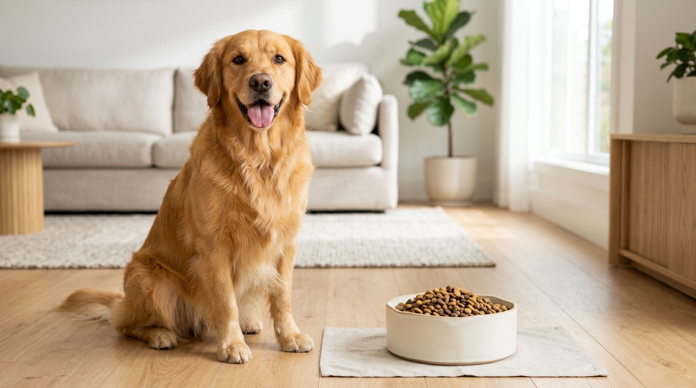 一隻毛色亮麗的黃金獵犬坐在飼料碗旁,展現健康活力 一隻毛色亮麗的黃金獵犬坐在飼料碗旁,展現健康活力
