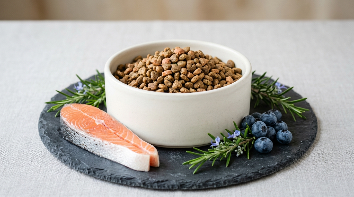 精緻寵物碗旁擺放著新鮮鮭魚與藍莓等天然飼料食材 精緻寵物碗旁擺放著新鮮鮭魚與藍莓等天然飼料食材