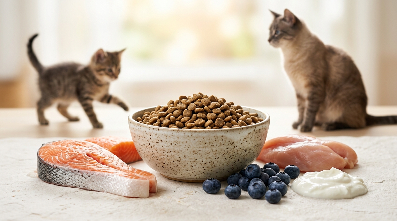 貓咪飼料與新鮮食材排開，展現全齡階段的營養配方。