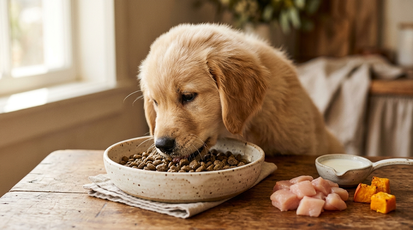 一隻黃金獵犬幼犬正在享用泡軟的離乳期營養飼料