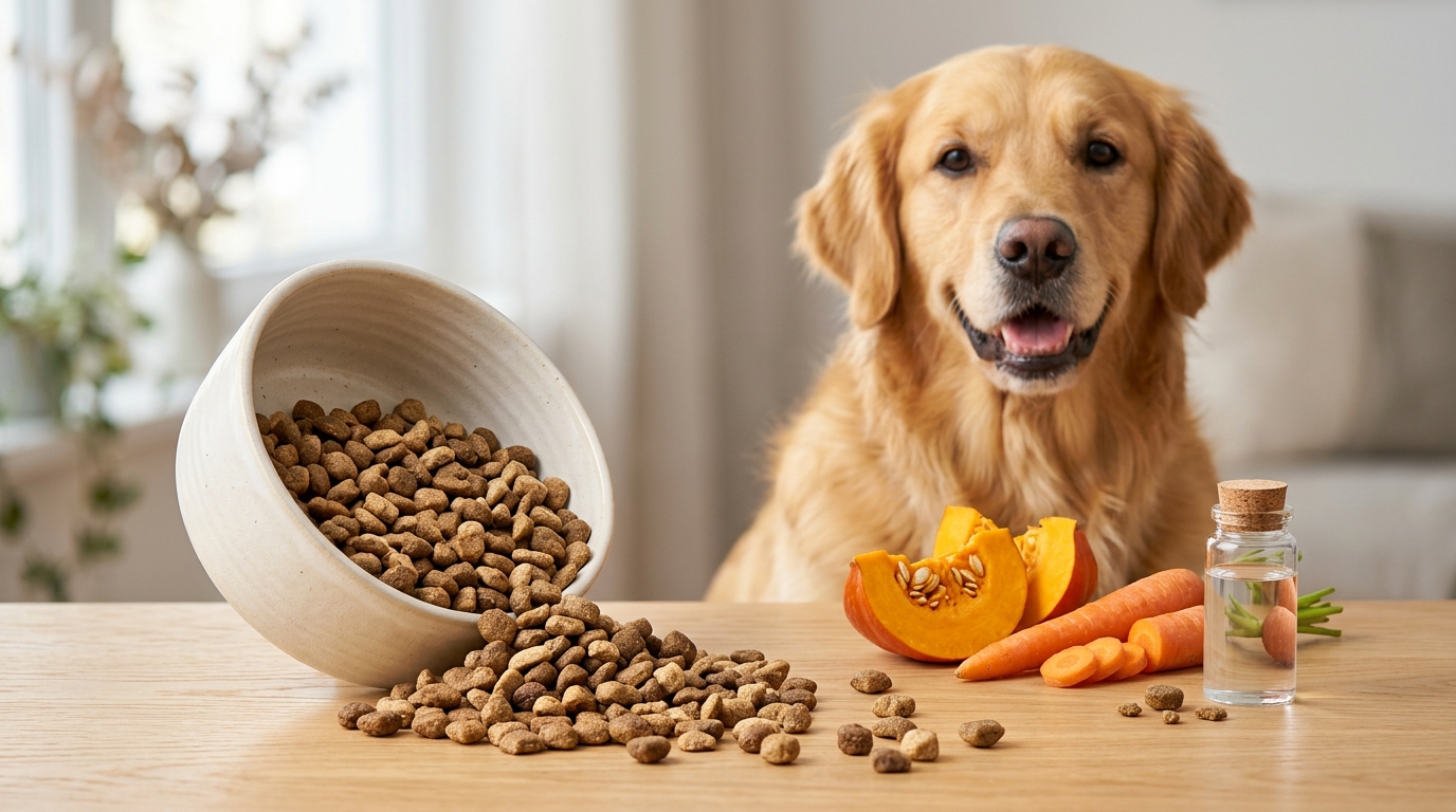 盛裝在精緻碗中的優質寵物飼料，旁有新鮮食材與健康犬隻