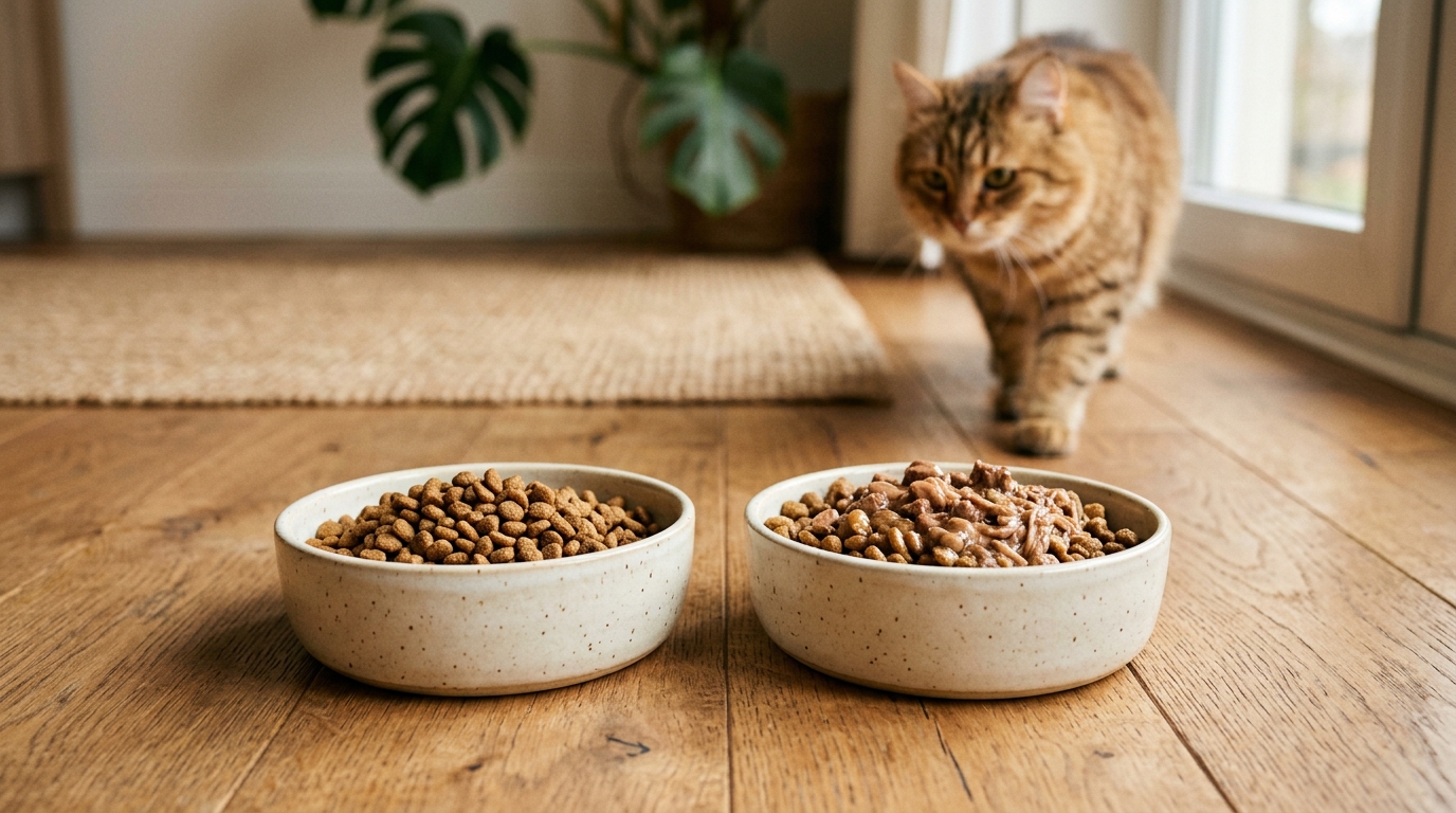 兩個貓碗並排盛裝不同比例的新舊飼料，呈現漸進換食過程
