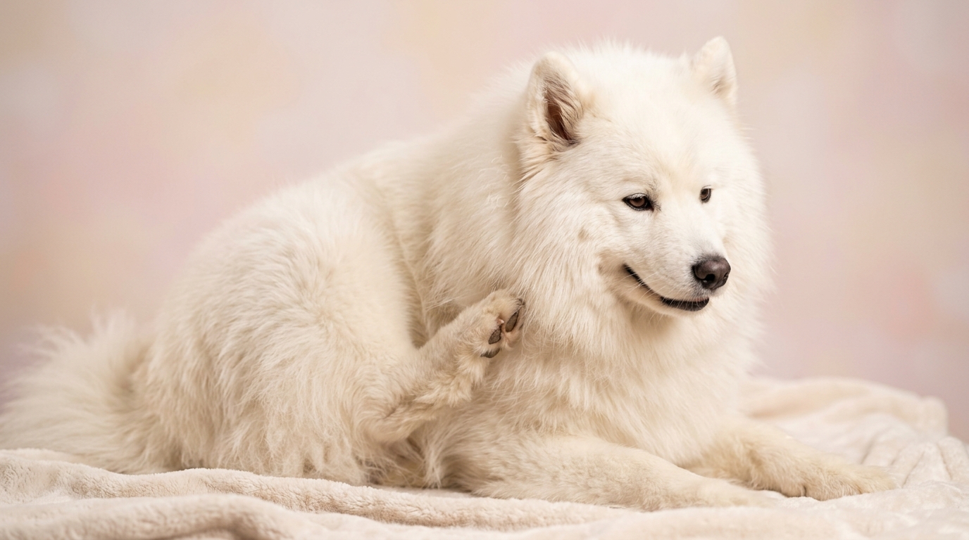 一隻薩摩耶犬正在抓癢，展現寵物換季皮膚不適的警訊