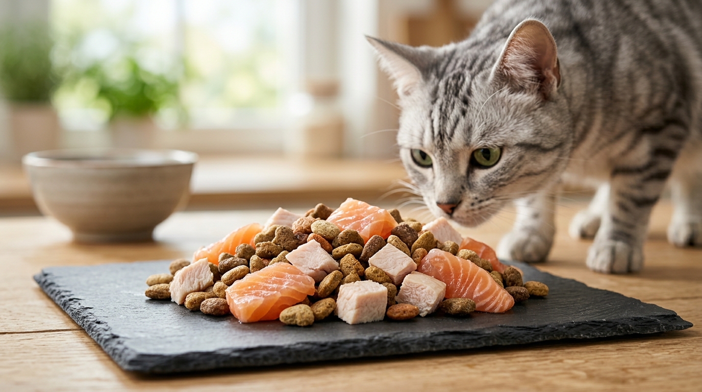 盤中擺放著優質貓飼料與新鮮鮭魚雞肉食材