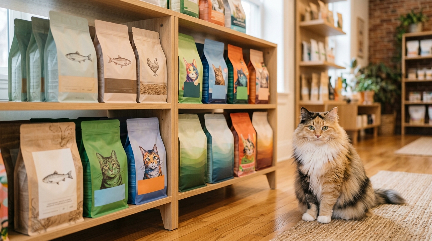 寵物店陳列架旁一隻優雅的長毛貓與多款飼料