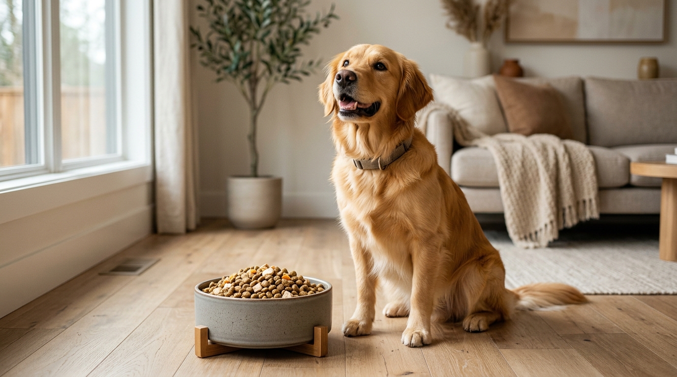 一隻毛色亮麗的黃金獵犬期待地看著碗中的營養狗飼料