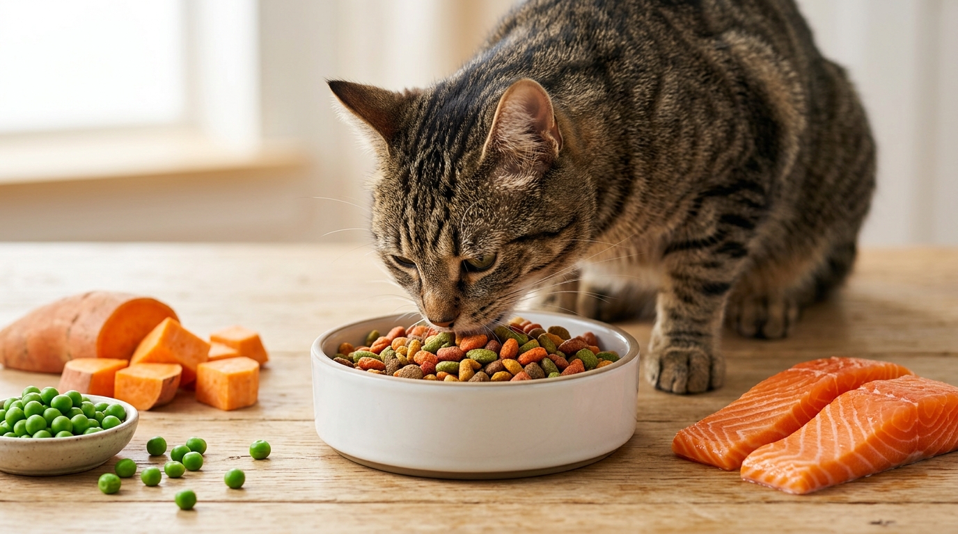 乾淨木桌上盛裝著貓飼料與新鮮食材的特寫照