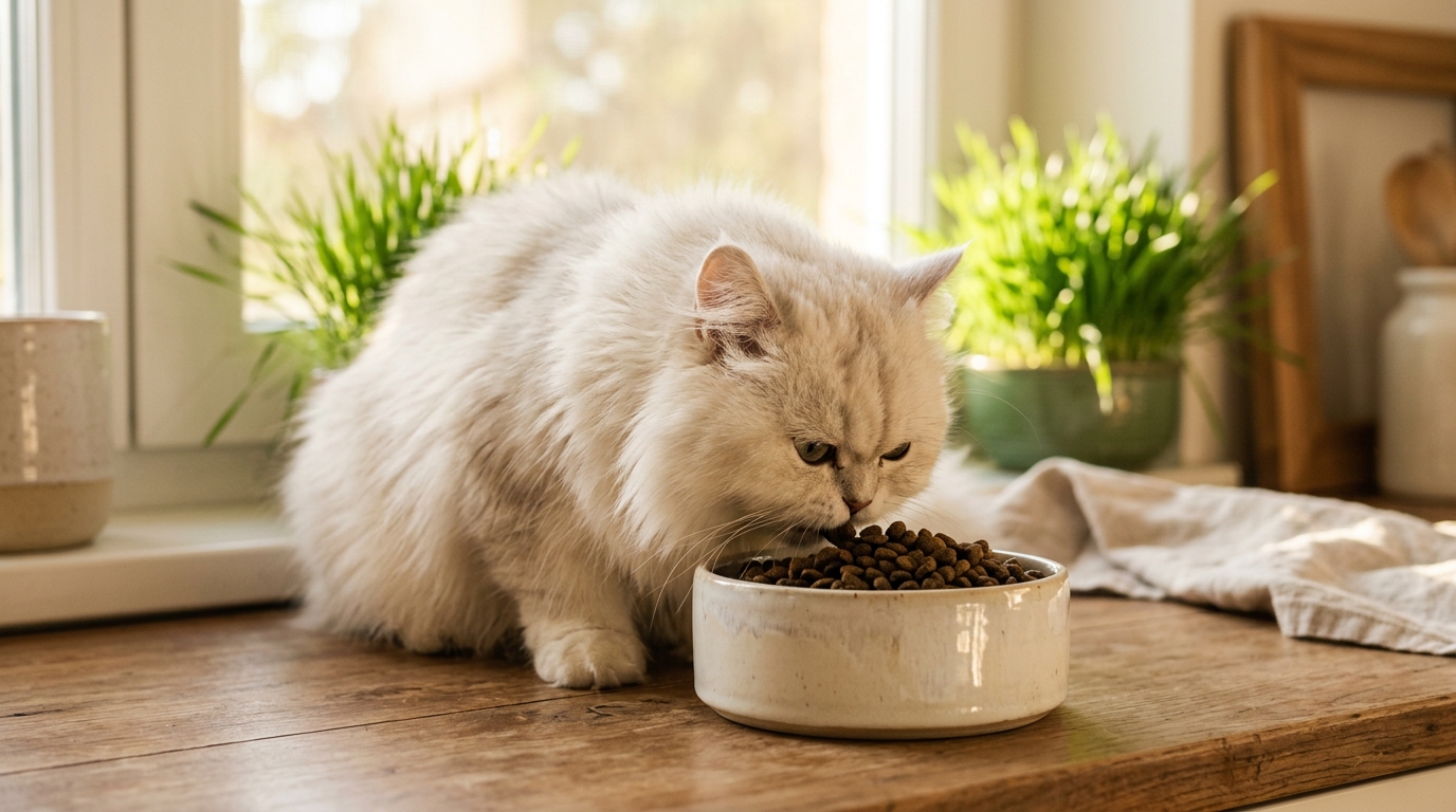 貓咪開心享用特製化毛飼料的溫馨居家畫面