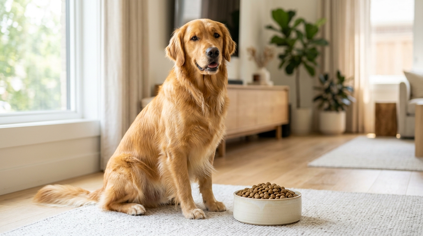 毛髮亮麗的黃金獵犬與優質飼料呈現的健康體態