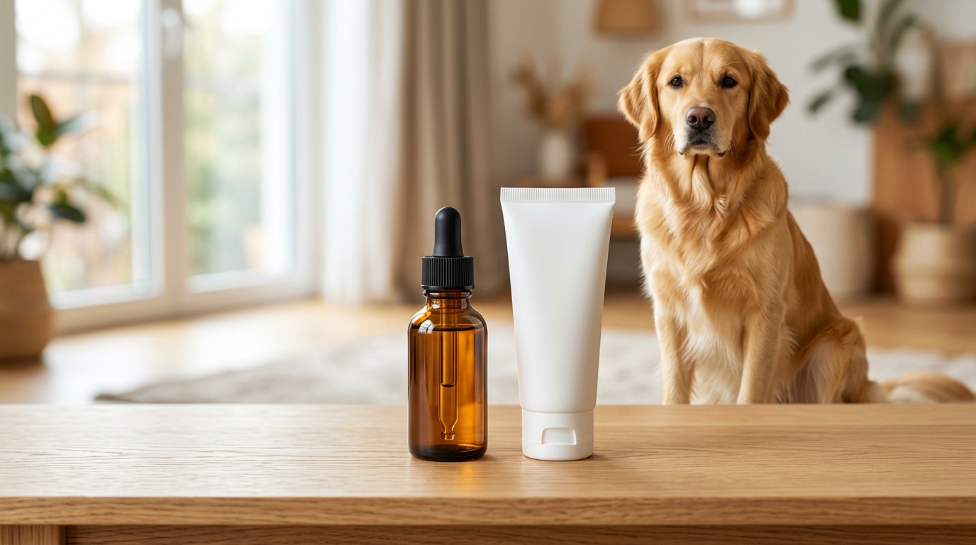 獸醫診所風格的寵物驅蟲用品與健康黃金獵犬 獸醫診所風格的寵物驅蟲用品與健康黃金獵犬