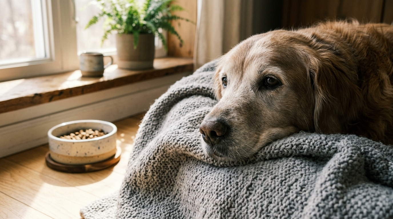 在陽光下靜靜休息的老年犬，傳遞對寵物健康的關懷