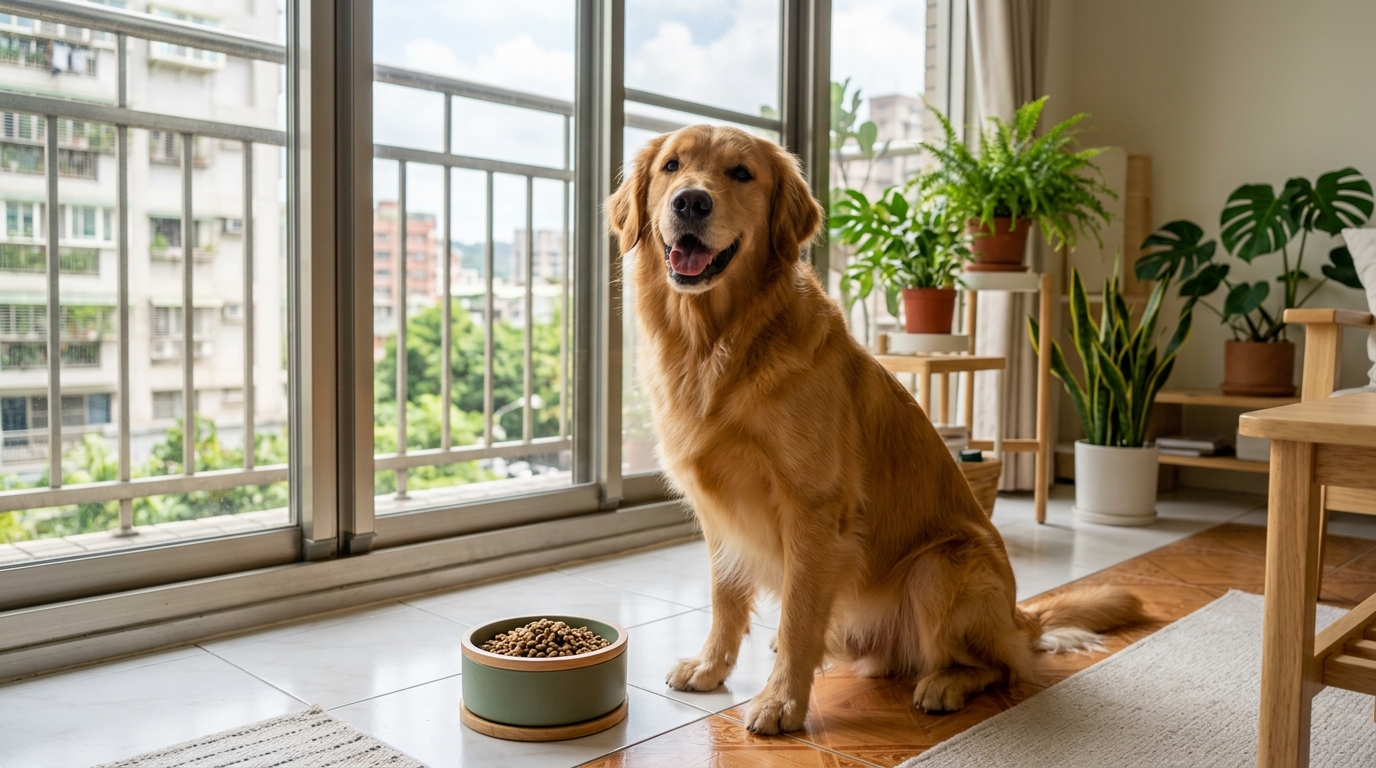 在採光良好的居家空間中毛髮亮麗的黃金獵犬