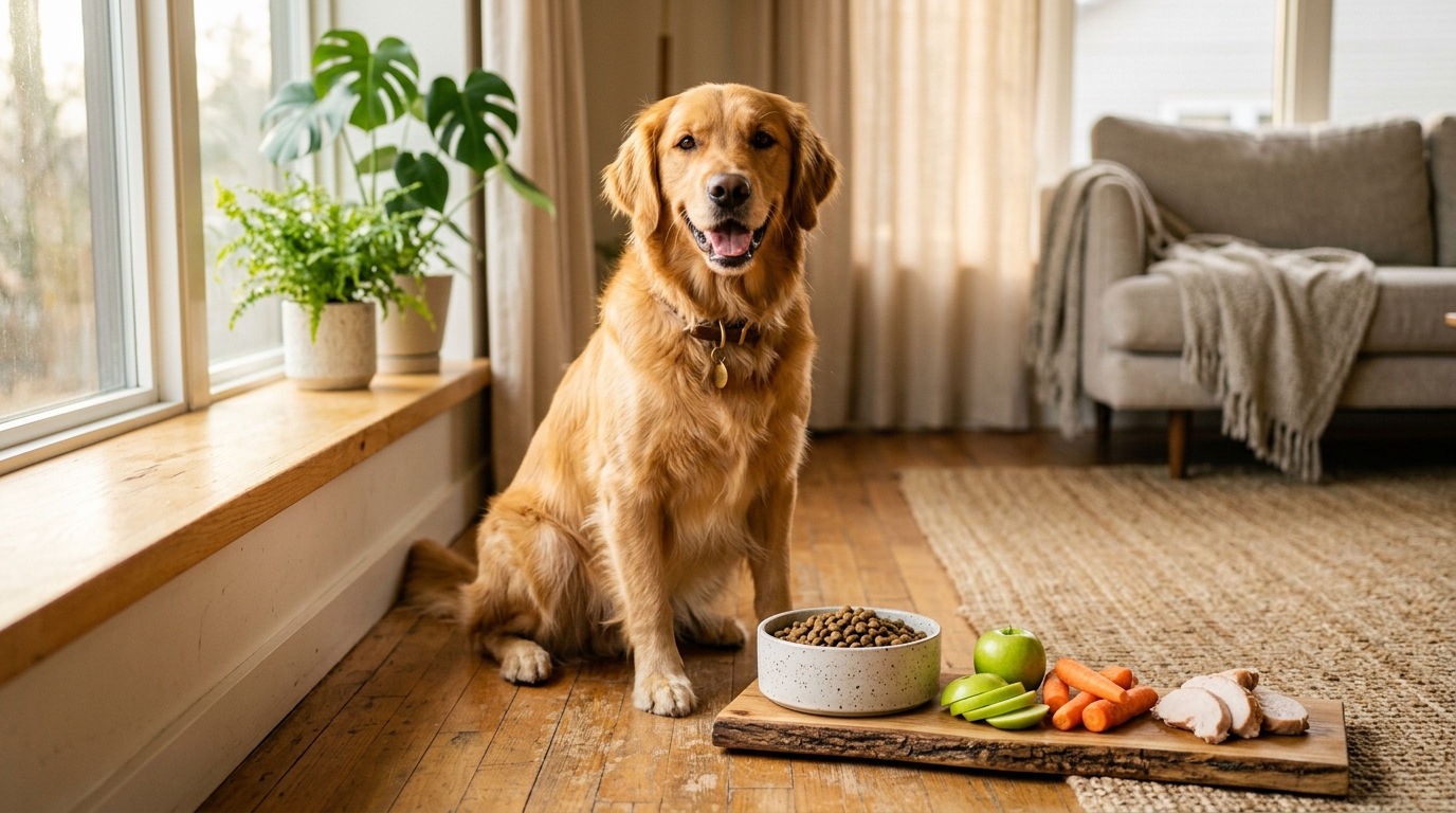 一隻健康的黃金獵犬坐在飼料碗與新鮮蔬果旁 一隻健康的黃金獵犬坐在飼料碗與新鮮蔬果旁