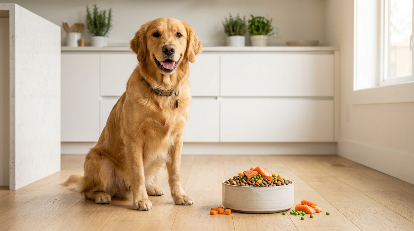 一隻健康的黃金獵犬坐在盛有營養飼料與鮮食的碗旁 一隻健康的黃金獵犬坐在盛有營養飼料與鮮食的碗旁