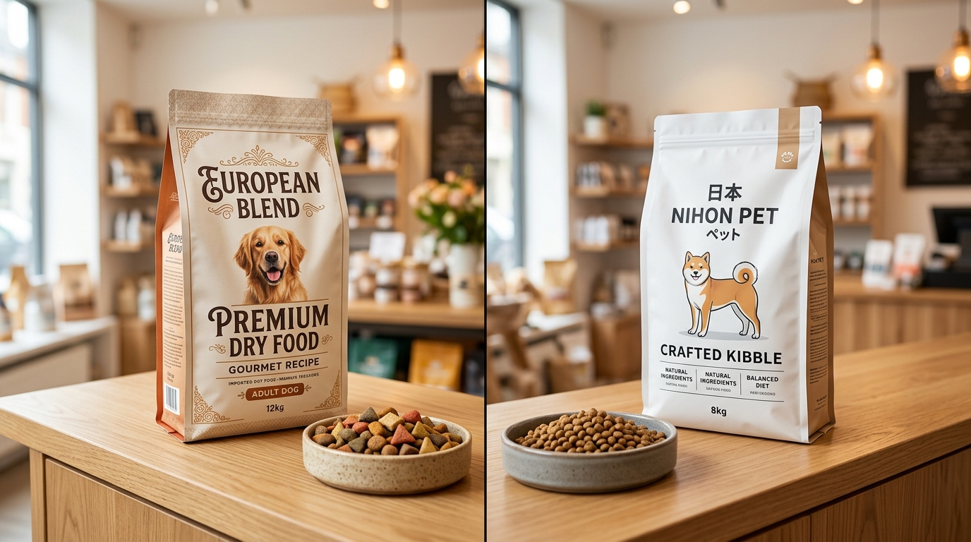 精緻的進口與國產寵物飼料包裝在質感檯面上陳列 精緻的進口與國產寵物飼料包裝在質感檯面上陳列