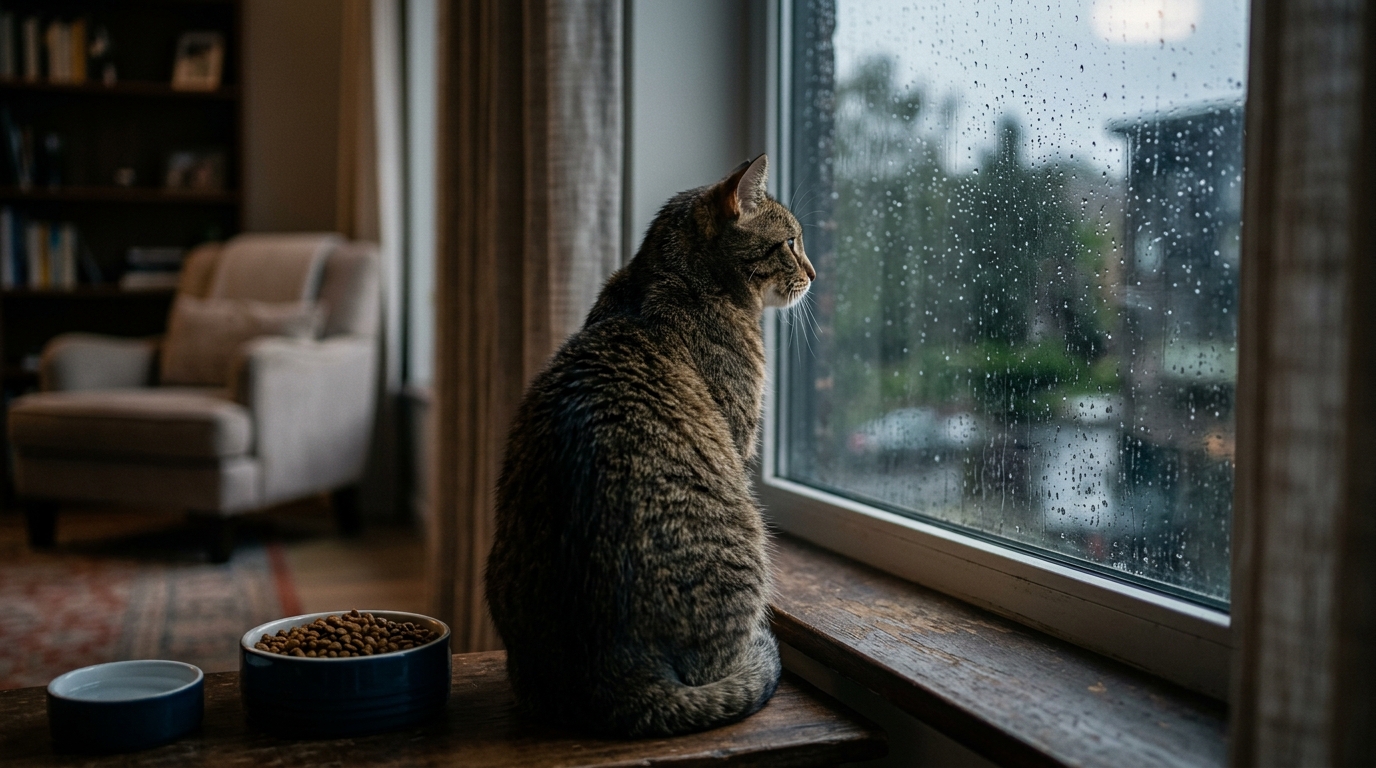 一隻貓咪背對著滿滿的飼料碗,獨自望向窗外,流露出落寞與抗議的情緒。 一隻貓咪背對著滿滿的飼料碗,獨自望向窗外,流露出落寞與抗議的情緒。
