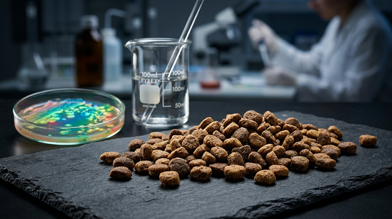 顯微鏡與化驗儀器旁散落的寵物飼料，呈現食品安全檢驗情境