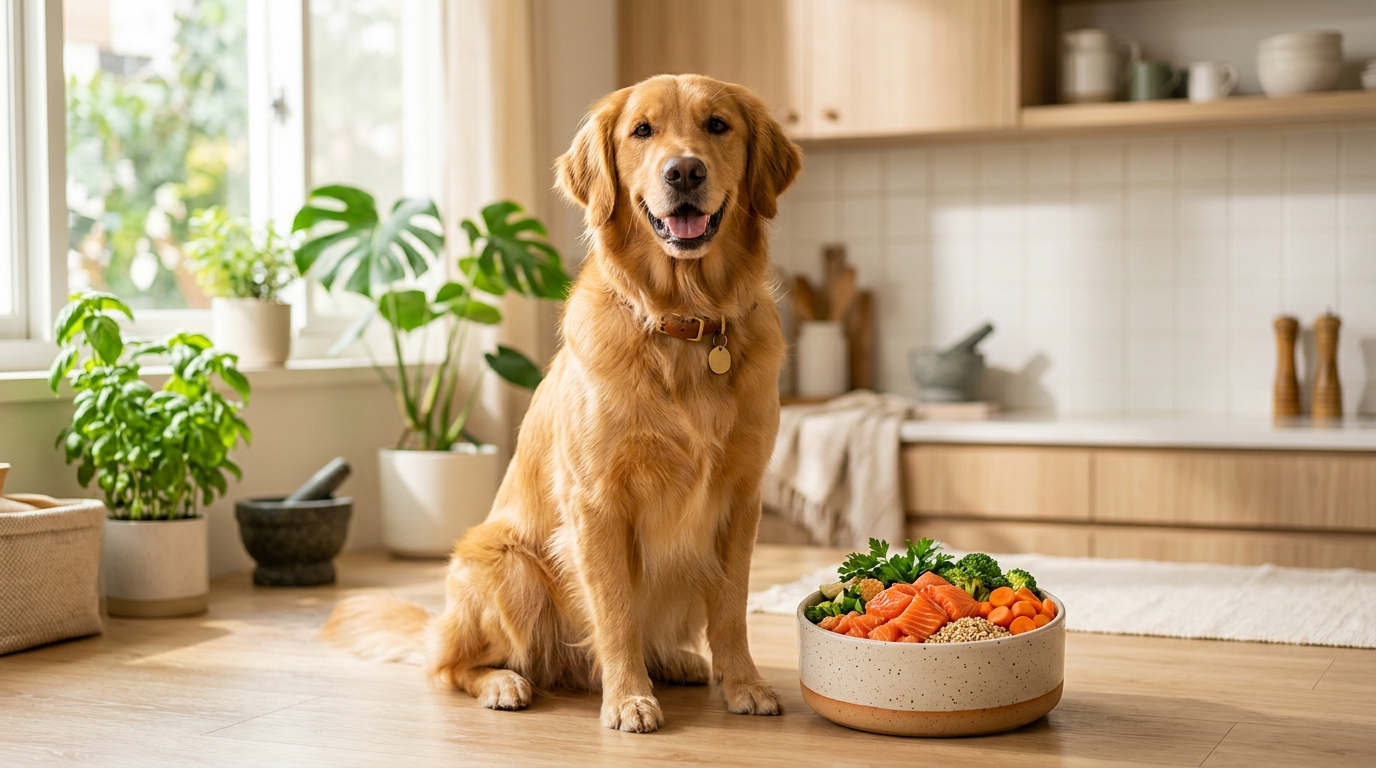 一隻黃金獵犬坐在盛滿新鮮食材的寵物碗旁，展現國產優質飼料形象
