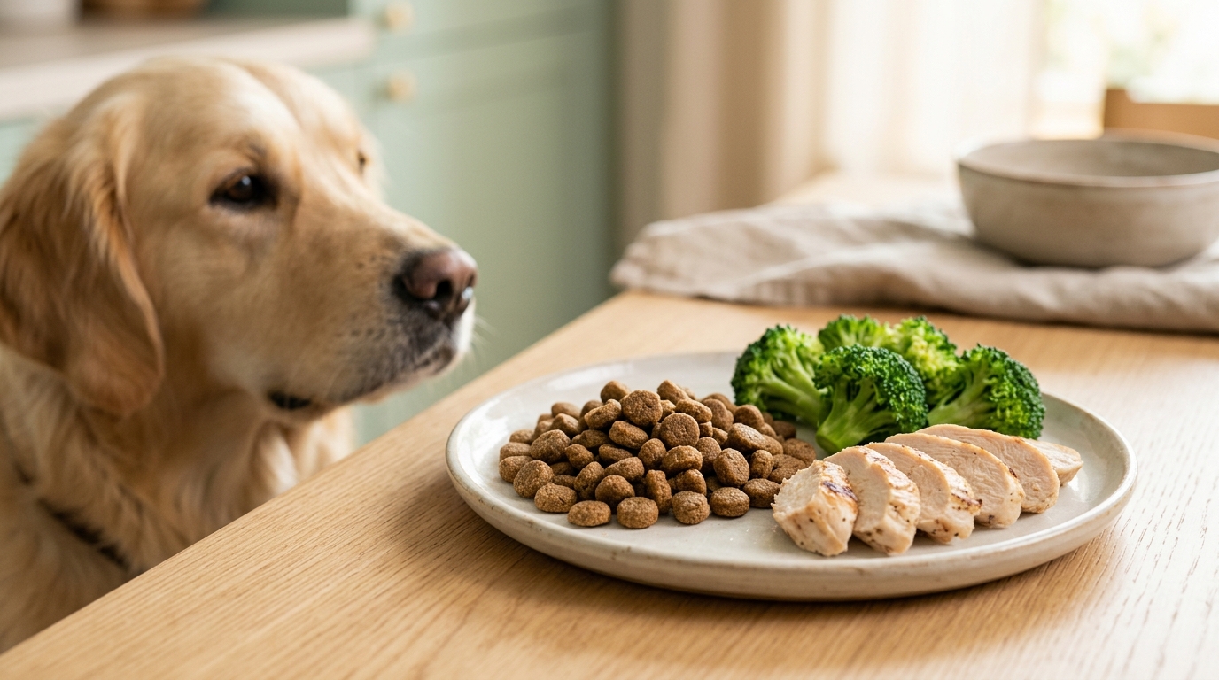 精緻擺盤的低脂狗飼料與新鮮雞肉西蘭花食材 精緻擺盤的低脂狗飼料與新鮮雞肉西蘭花食材