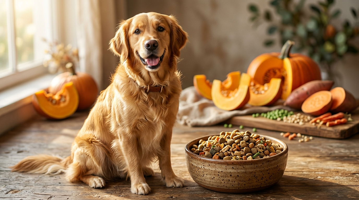 黃金獵犬與富含膳食纖維的天然食材狗飼料 黃金獵犬與富含膳食纖維的天然食材狗飼料