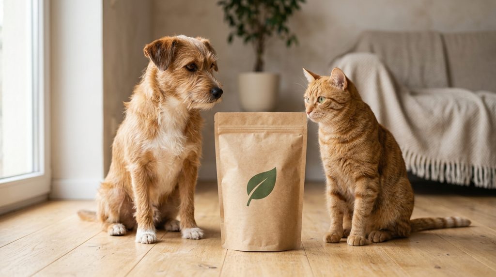 貓狗與環保紙包裝飼料，呈現綠色消費與永續發展的溫馨畫面。