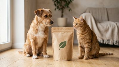 貓狗與環保紙包裝飼料，呈現綠色消費與永續發展的溫馨畫面。