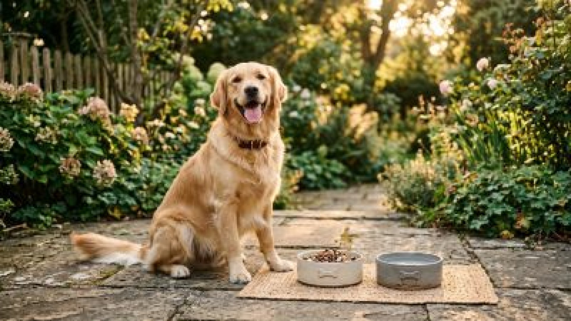金毛尋回犬在庭院中，碗裡裝滿了倍力優質飼料和水，享受著陽光普照的悠閒時光。