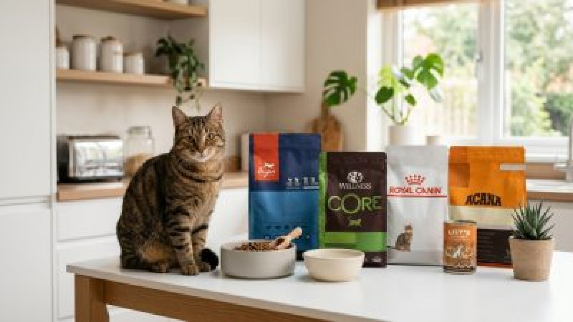 倍力寵物食品筆記分享：一隻斑紋貓咪坐在桌上，旁邊擺放著多種品牌的乾糧與濕糧，還有裝滿飼料和水的貓碗，呈現多元的貓咪飲食選擇。