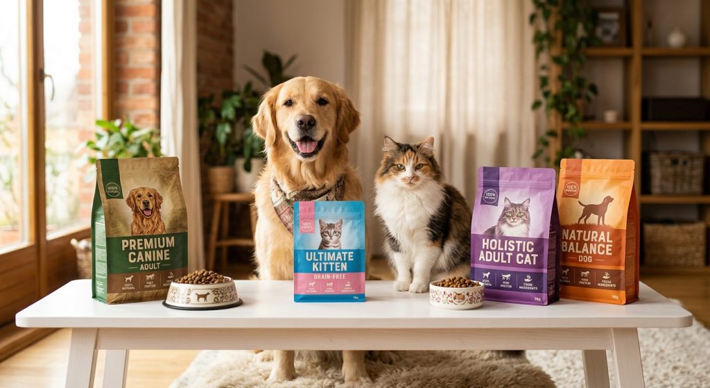 飼主在寵物店比較不同品牌飼料