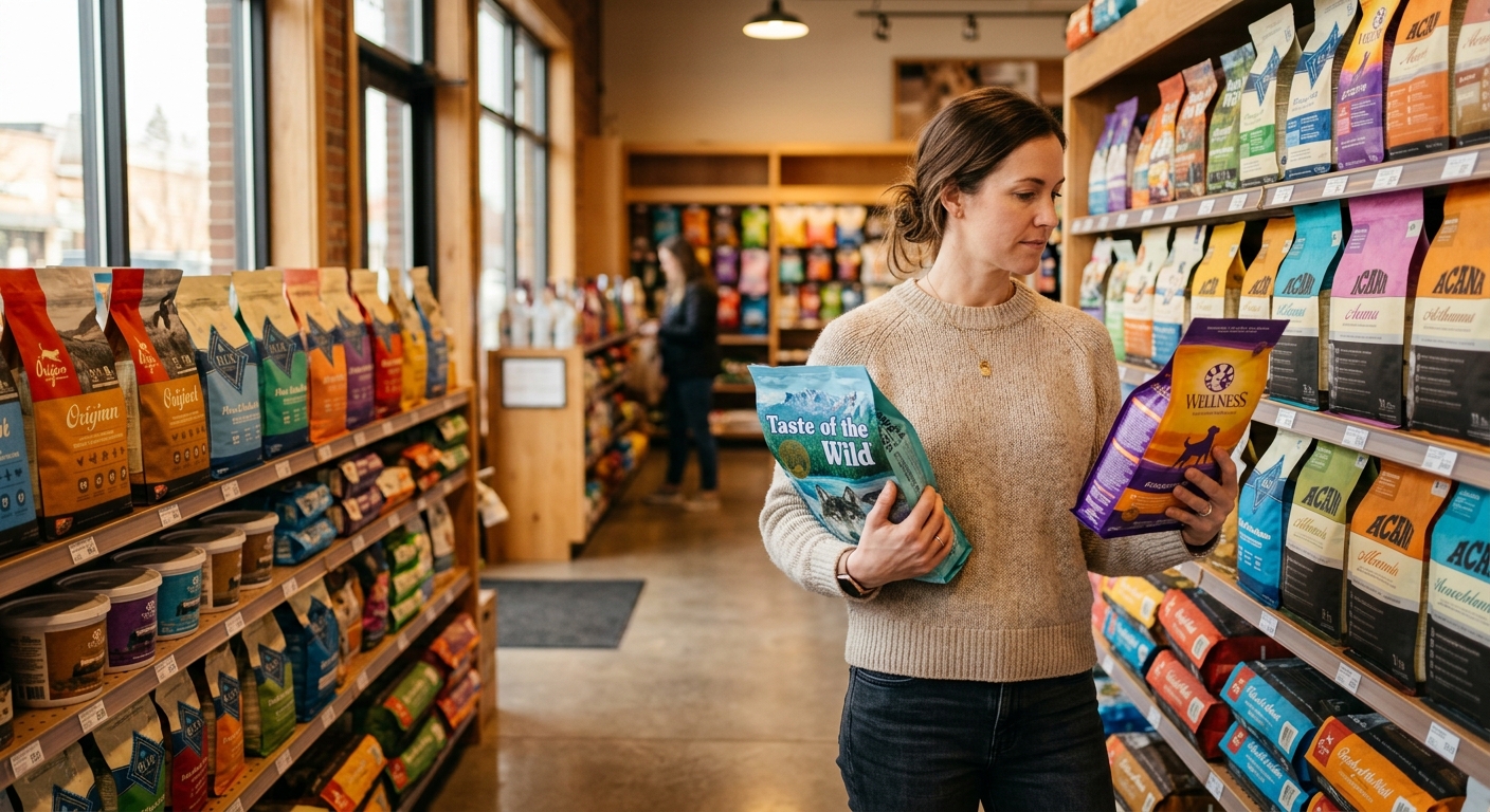 飼主在寵物店比較不同品牌飼料
