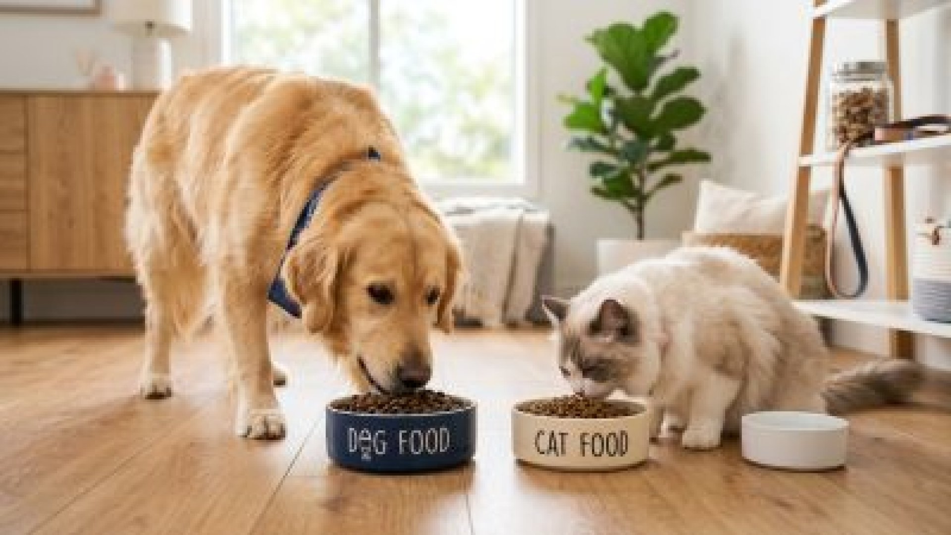 倍力寵物食品筆記分享黃金獵犬與布偶貓各自享用專屬飼料，畫面溫馨展現毛孩的用餐時光，強調提供適合不同寵物的優質營養。